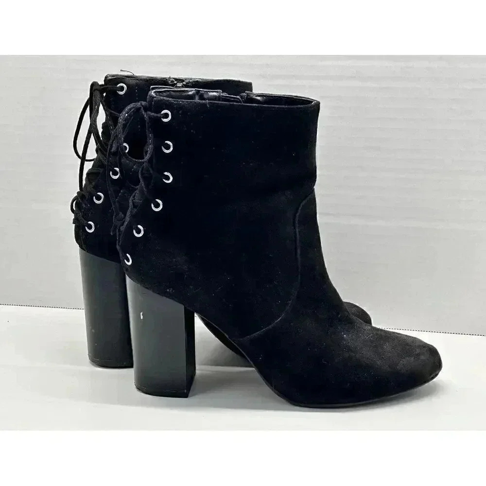 Forever 21 Faux Black Leather Back Lace Up Block High Heel Ankle Boots Size‎ 8